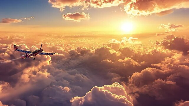 Golden Hour Flight: A small plane soars through a breathtaking sunset sky, bathed in warm golden light, with fluffy clouds below. The image evokes a sense of freedom, adventure.
