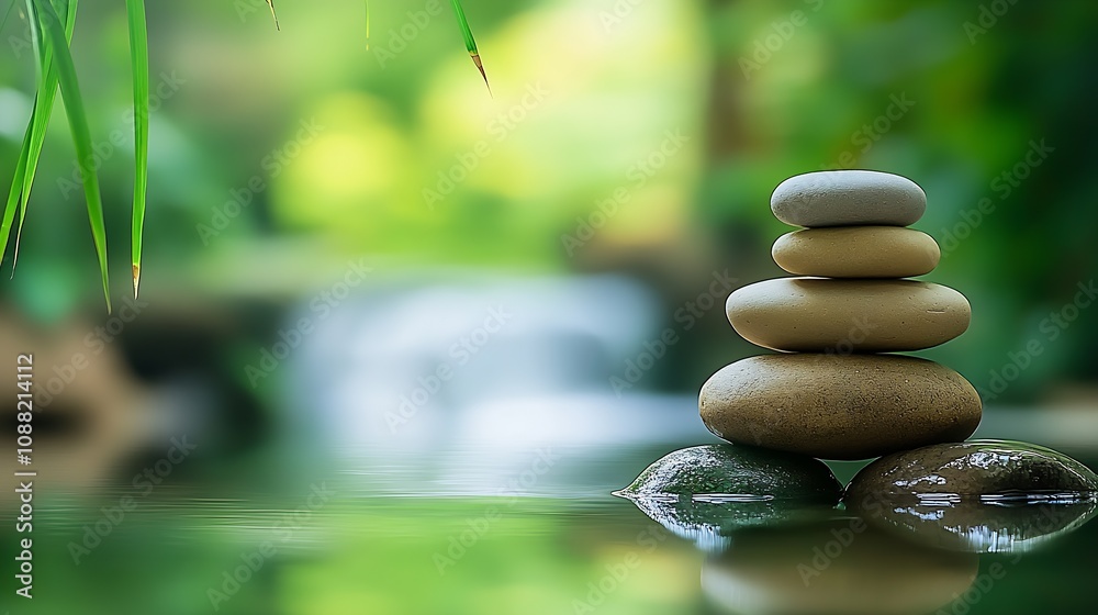 Aufkleber Serene Zen Stones Balancing in Tranquil Natural Setting with Soft Waterfall Background : Generative AI