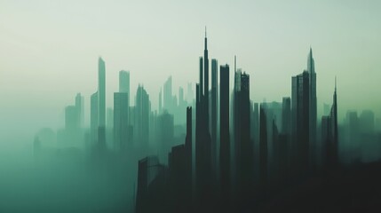 A silhouette of a city skyline shrouded in mist.