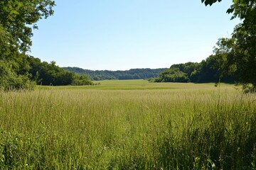 Fototapeta premium A wide, lush meadow features tall grasses and healthy soybeans, bordered by trees, all under a bright and clear sky. Generative AI
