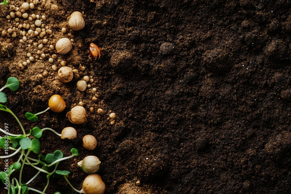 Poster fresh sprouts and various seeds lie on dark soil, showcasing growth potential in a garden environmen
