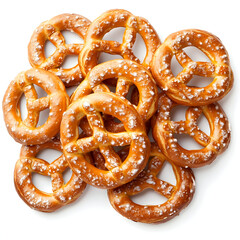 Pile of crunchy pretzels with salt crystals on a white background.