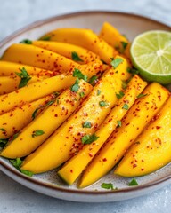 A vibrant plate of mango slices sprinkled with chili powder and garnished with fresh herbs and a lime wedge.