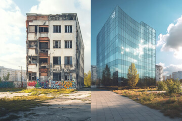 Obraz premium Comparison of old building with modern office skyscraper