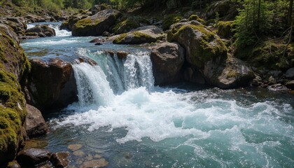 Fototapeta premium Mountain Stream with Waterfall Flowing Through Rocks