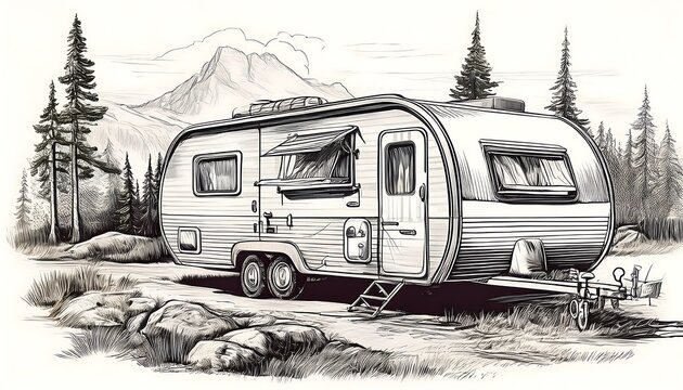 Vintage engraving sketch of an elegant caravan camper trailer in a serene mountain landscape. Generative AI