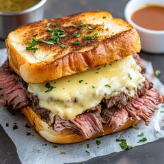 A deliciously stacked roast beef sandwich with melted cheese on toasted bread, garnished with herbs, served with dipping sauce.