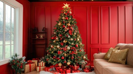 Red and gold-adorned Christmas tree in a cozy red scene with twinkling bokeh lights creating a warm holiday mood.