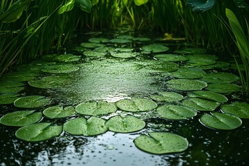 Vibrant green lily pads on a serene pond surface with reflections of nature : Generative AI