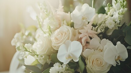 Obraz premium Luxurious wedding bouquet featuring white roses, orchids, and greenery, arranged with soft pastel ribbons, romantic and elegant.