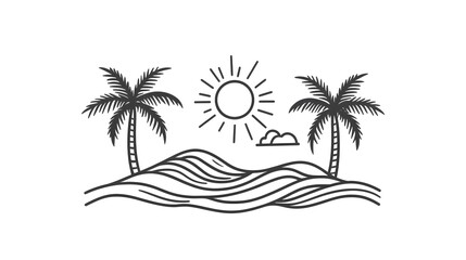 Fototapeta premium Minimalist summer line art featuring a sun, palm trees, and waves, simple and clean design in black and white, perfect for logos or prints.