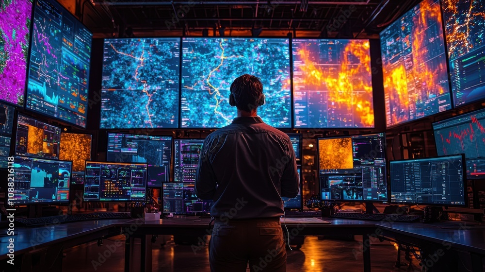 Poster data analyst working in a control room with multiple screens showing complex data visualizations