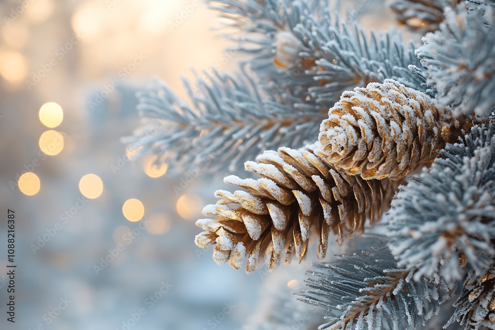 Fototapete snow-dusted pine cones on evergreen branches with golden bokeh in winter forest : generative ai