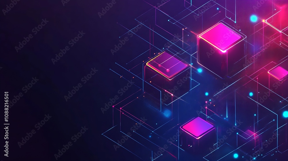 Poster Futuristic Neon Cube Network Abstract 3D Illustration with Digital Connectivity : Generative AI