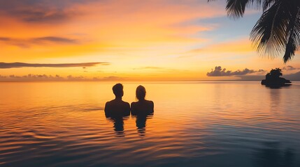Serene couple stands in tranquil water enjoying romantic tropical sunset with palm backdrop : Generative AI