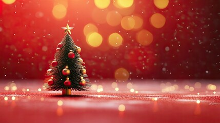 Obraz premium Small Christmas tree with classic red and gold decor, set against a cozy red background with sparkling bokeh lights.