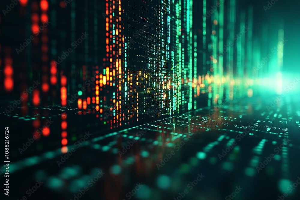 Aufkleber Abstract Data Stream with Green and Red Lights on Digital Grid Background : Generative AI