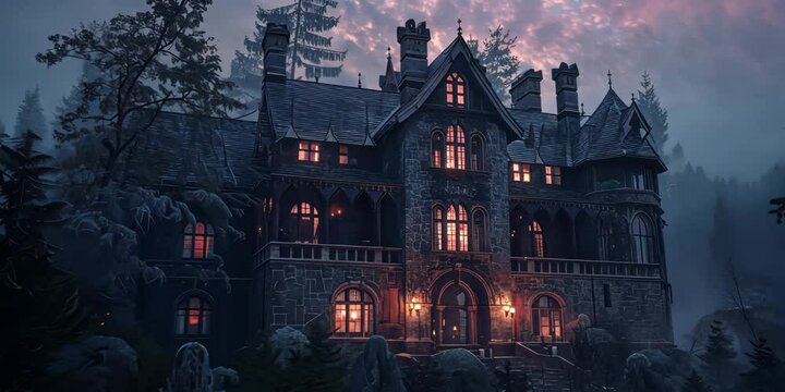 Sinister manor veiled in eternal twilight, 4K Video