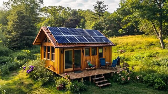 Sustainable Tiny House with Solar Panels: Embrace eco-friendly living in this charming, off-grid cabin nestled in a vibrant meadow.  The solar panels provide clean energy.