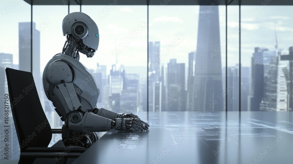 Poster a robotic entrepreneur presenting a groundbreaking tech startup pitch in a futuristic skyscraper boa