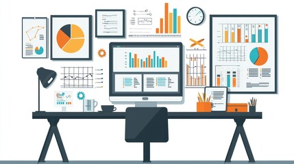 A computer desk with a monitor and a keyboard