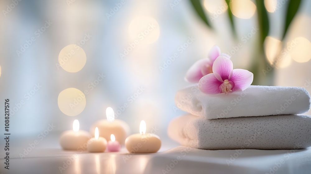 Poster relaxing spa atmosphere with delicate pink orchids on fresh towels by candlelight : generative ai