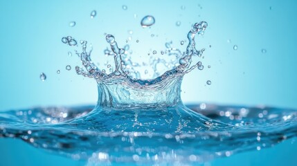 Splash of water frozen in action with droplets captured as they spray outward, creating a refreshing and energetic visual.