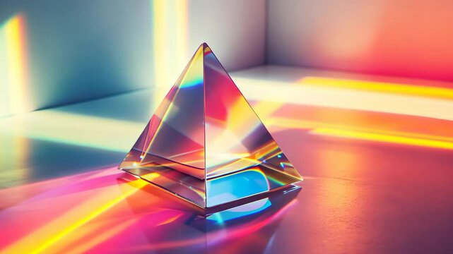 A triangular prism is sitting on a table. The prism is made of glass and is reflecting light in a rainbow pattern. Concept of wonder and fascination with the way the prism refracts light