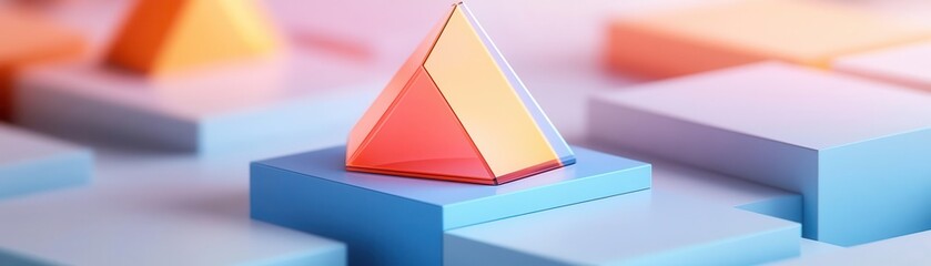 A colorful pyramid stands on a soft blue base, surrounded by pastel squares, creating a visually appealing, modern geometric composition.