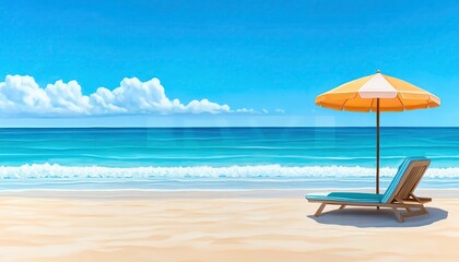 Obraz premium A serene beach scene featuring a sun lounger and an umbrella under a bright blue sky, perfect for relaxation and vacation vibes.