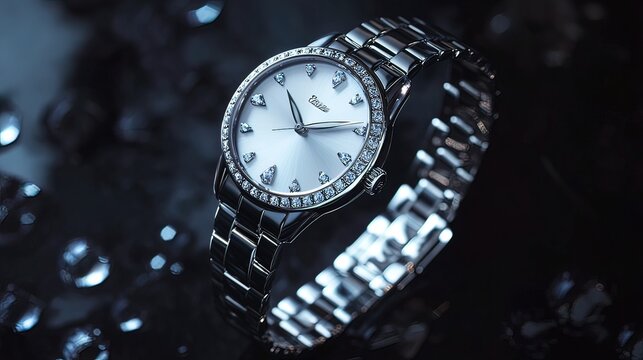 Elegant silver women's wristwatch with crystal accents, displayed on a dark reflective surface.