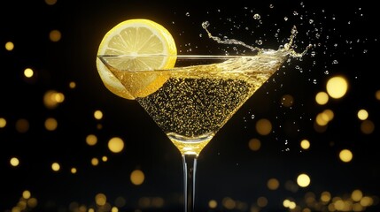 Golden Hour Martini: A sophisticated, celebratory cocktail, a martini glass filled with sparkling champagne, garnished with a lemon slice.