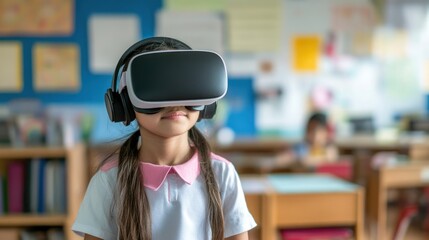 A girl wearing a VR headset in a classroom, exploring virtual learning experiences.