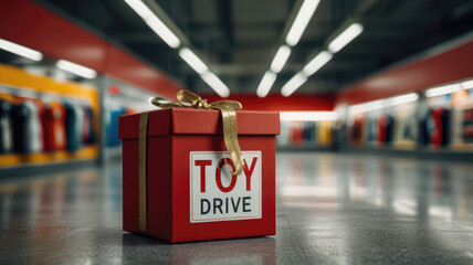 Red gift box with ribbon and bow and the inscription “Toy Drive”.Scarlet Christmas wrapping on the theme of holiday winter discounts, promotions and sales