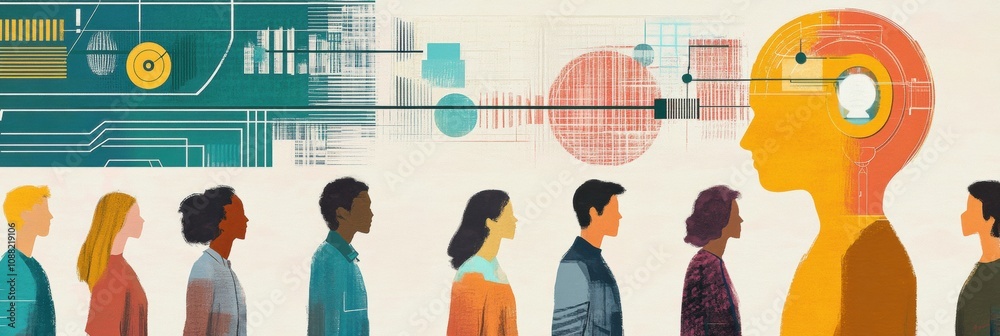 Aufkleber A diverse group stands together, interacting thoughtfully with a large abstract AI system that symbolizes technological advancement. Generative AI