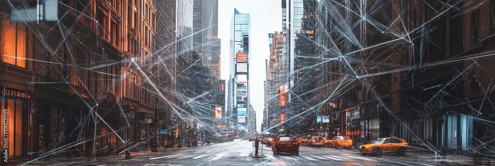 Fototapete buildings in a vibrant smart city are linked by an advanced ai network, enhancing urban connectivity