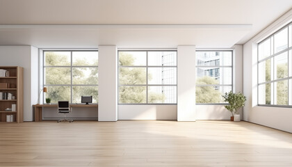 Fototapeta premium Modern Minimalist Home Office White Walls Wood Floor Large Windows