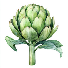Fototapeta premium Watercolor illustration of artichoke with green leaves and stem