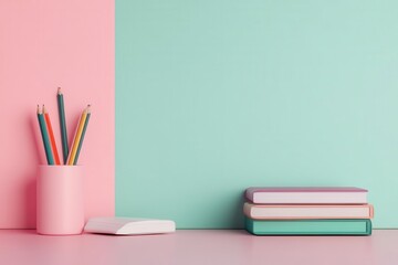A minimalist workspace featuring a pink and mint green background, colorful pencils in a cup, and stacked books on a soft surface.