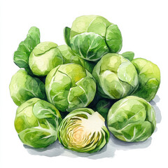 Fototapeta premium Fresh Brussels sprouts in watercolor illustration, showcasing vibrant greens