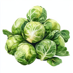 Fototapeta premium Fresh Brussels sprouts in watercolor illustration, showcasing vibrant greens