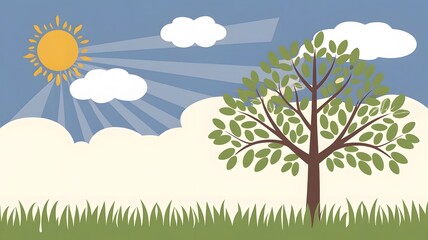Obraz premium Vector illustration of a tree in the meadow with clouds and sun generated by AI