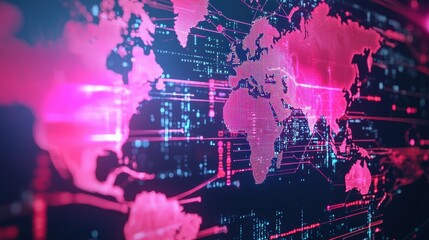Obraz premium Futuristic Global Network Visualization with Digital Map, Data Connections, and Neon Colors Representing Technology and Communication Across Continents