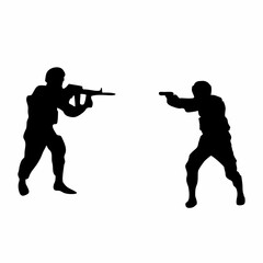 silhouette of armed soldiers fighting police with pistols