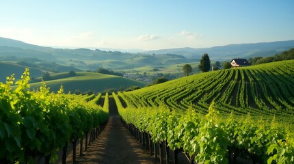 Countryside Vineyard: "Rolling hills covered in a vineyard, with rows of grapevines under a clear blue sky and a farmhouse in the distance; lush green, early morning light, high detail."