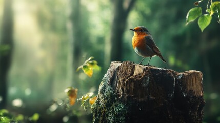 European Robin Perched on a Tree Stump in a Sunlit Forest