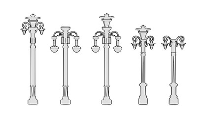 a close up of a group of street lights on a white background, Poles, lampposts, Street lamps, street lamps, street lanterns, street lighting, Street lighting, Street lighting, large beautiful street