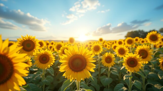 Field of Sunflowers Under Blue Sky: "A vast field of tall sunflowers facing the sun, with a bright blue sky and soft clouds above; vibrant yellow flowers, cheerful and full of warmth, 4K resolution."