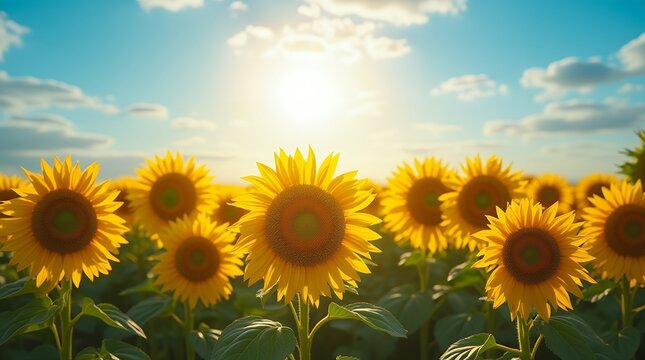 Field of Sunflowers Under Blue Sky: "A vast field of tall sunflowers facing the sun, with a bright blue sky and soft clouds above; vibrant yellow flowers, cheerful and full of warmth, 4K resolution."