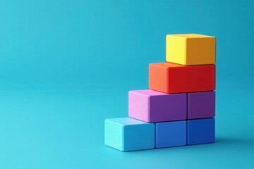 Obraz premium A colorful arrangement of building blocks stacked in a staircase formation against a vibrant blue background.
